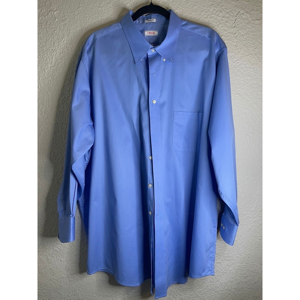 IZOD Dress Shirt Wrinkle Free Twill Button Down Long Sleeve Blue 18 1/2